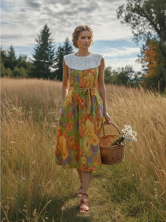 Vintage Dresses & Skirts - Vintage 70’s Embroidered Lace Scallop Neck Sleeveless Vibrant Prairie Midi Dress
